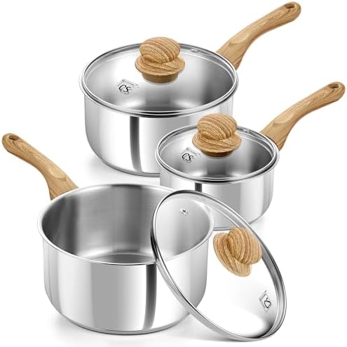 KOCH SYSTEME CS Stainless Steel Pots, 6 Piece Sauce Pan Set with Lids, 1QT, 2QT, 3QT Stainless Steel Saucepan with Cool-Touch Handles, 5-layers Base Pots, Induction Compatible Sauce Pan, Pot Set