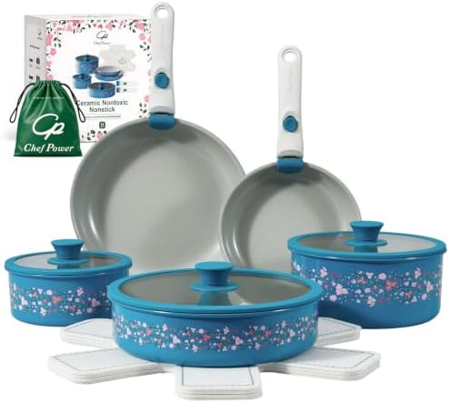 Chef Power Ceramic Cookware Set Non Toxic with Detachable Handles, Healthy Nonstick Decal Pans and Pots Set 14 Pcs, Induction Dishwasher Oven Safe Kitchen Set, Turquoise with Bougainvillea