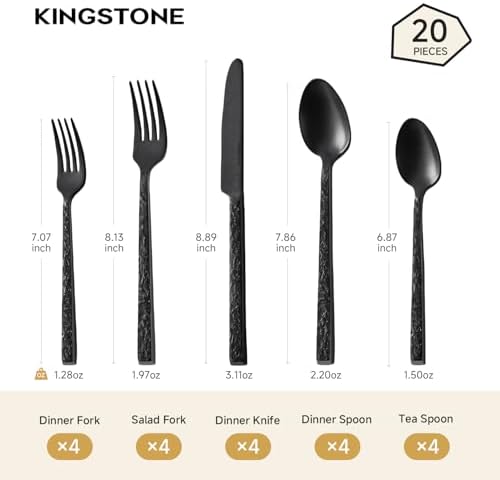 20 Pcs Black Hammered Silverware Set for 4, 18/10 Stainless Steel