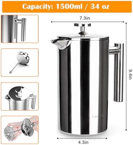 LANTE French Press Coffee Maker, 1.5L Double Insulated 304 Stainless