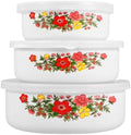 SUPVOX 3Pcs Vintage Enamel Nesting Bowls with Lids, Floral Print Food
