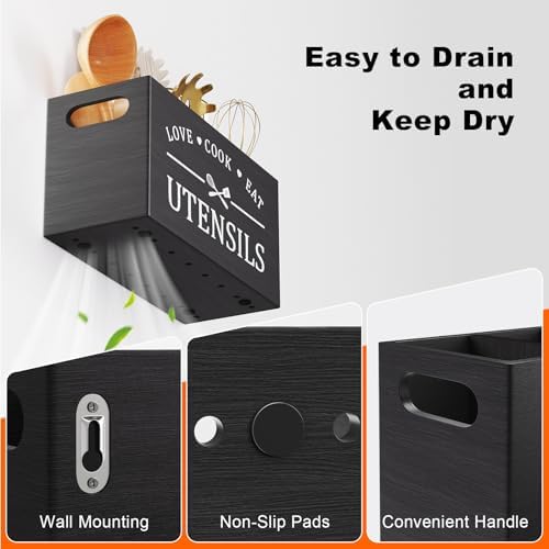 Extra Large Black Wooden Cooking Utensil Holder for Kitchen Countertop