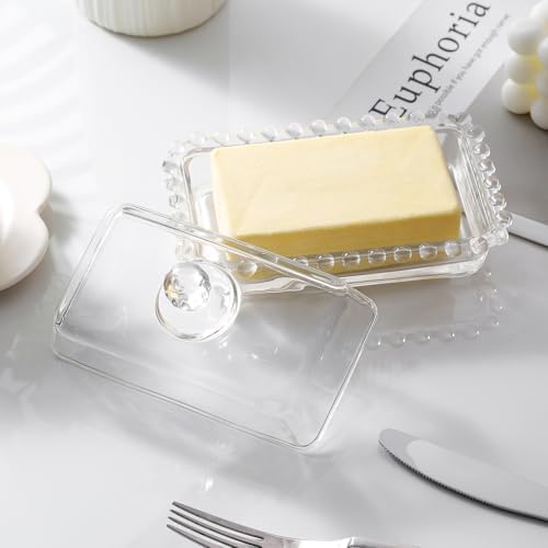 Glass Butter Dish with Lid, Clear Crystal Design, Decorative Beaded