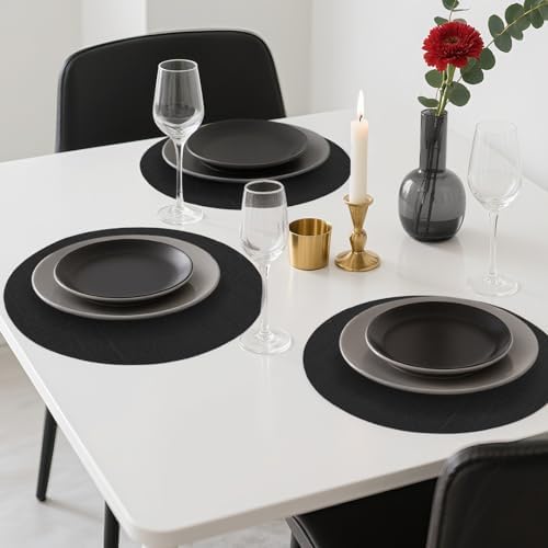 Black Round Placemats Set of 4 Vinyl Placemats 13 inch Non-Slip Heat