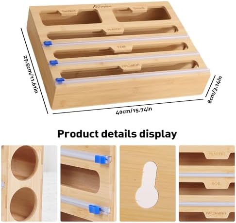 APSARAS USA 5 in 1 Bamboo Foil and Plastic Wrap Organizer for Kitchen Drawer, Ziplock Bag Organizer, Saran Wrap Dispenser with Cutter, Plastic Bag Organizer, Food Storage Bag Organization