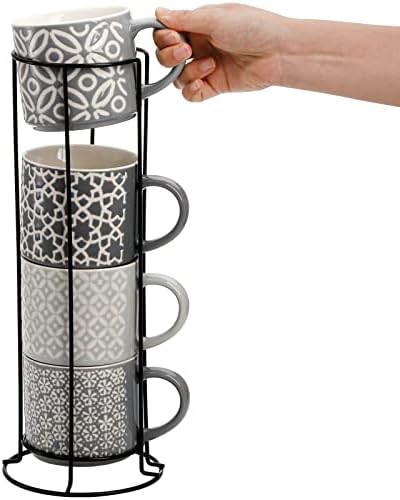 Hiceeden Set of 4 Coffee Mugs with Metal Stand, 15 oz Stackable