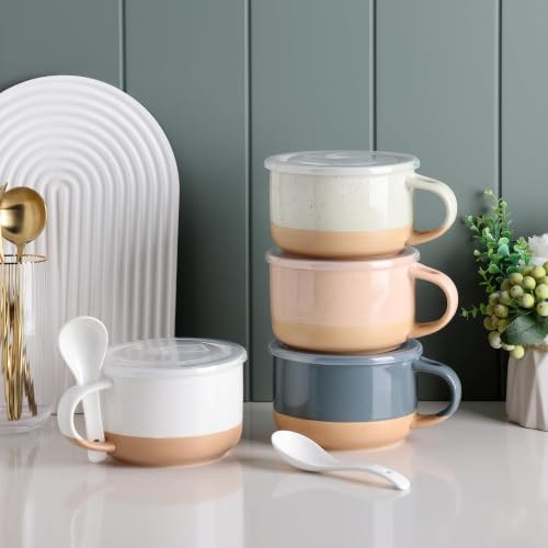 GBhome Ceramic Soup Mugs with Handles and Lids,24 OZ Soup Cups Set of