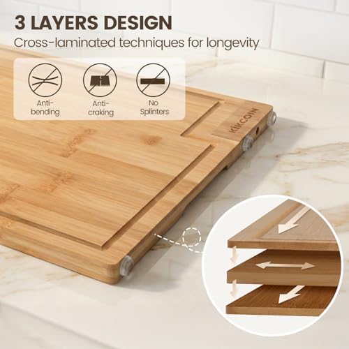 Kikcoin Bamboo Cutting Boards for Kitchen Set of 3, Extra Large Wood