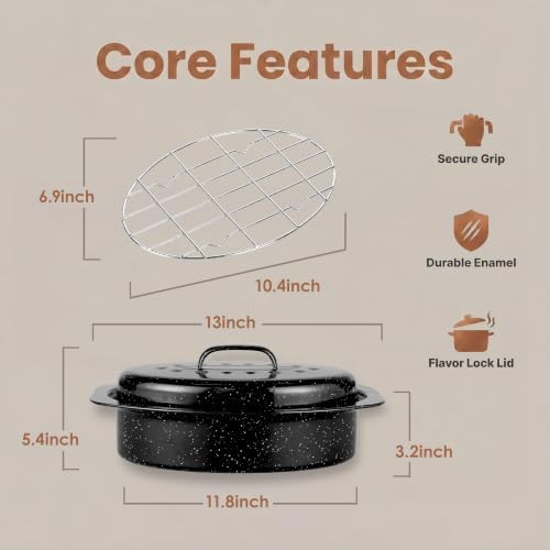 Enamel Roasting Pan with Lid and Rack 13" Oval Roaster,Upgraded Small Roast Pot for Chicken Vegetables Lasagna Nonstick Carbon Steel Baking Dish for Oven Sourdough Bread Pan Daily Meals