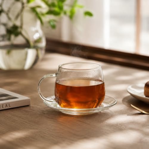 Tosnail 4 Pack Glass Cups and Saucers Set, 11 oz