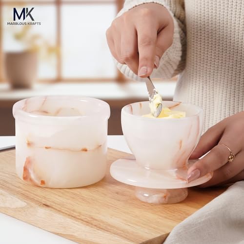 White Onyx Marble Butter Crock 4.25 Inches Butter Dish with Lid for