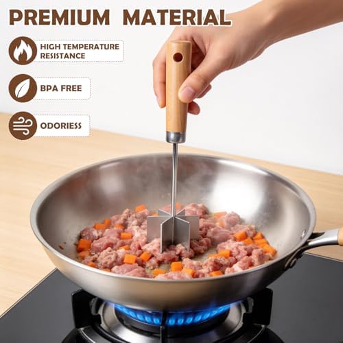 304 Stainless Steel Meat Chopper, 6-Blade Ground Beef Masher &