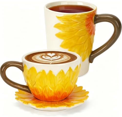 Ceramic Tea Cup Set of 2,Coffee Mug with Saucer,Sunflower Couples Gift