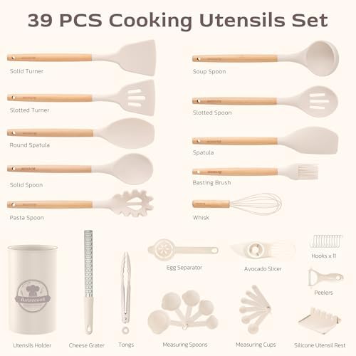Astercook 39-Piece Silicone Utensil Set, Cream
