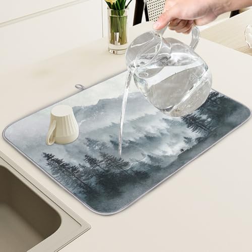 Dish Drying Mats for Kitchen Counter Misty Forest Mountain Landscape
