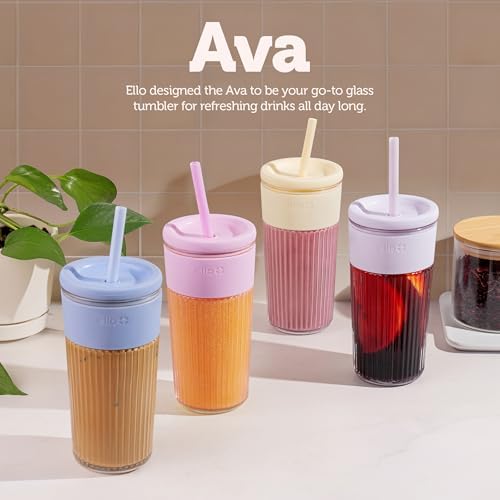 Ello Ava 18oz Glass Tumbler with Straw and Lid for Iced Coffee