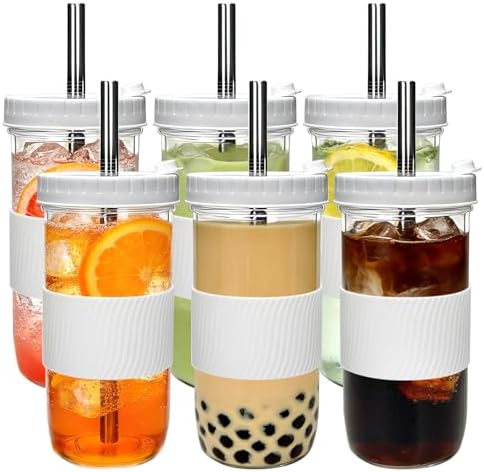 Mapoxy 6 Pack 24oz Mason Jar Cups with Lids and Straws, White Boba