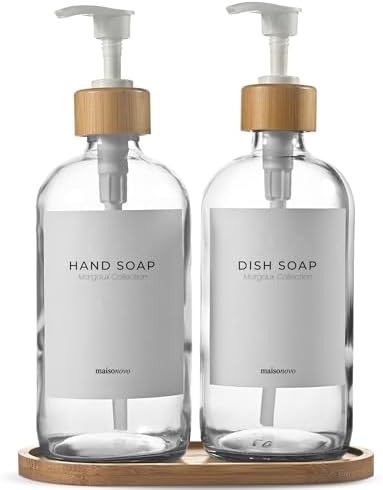 Maisonovo Dish Soap Dispenser Set, Clear with White Bamboo Pumps