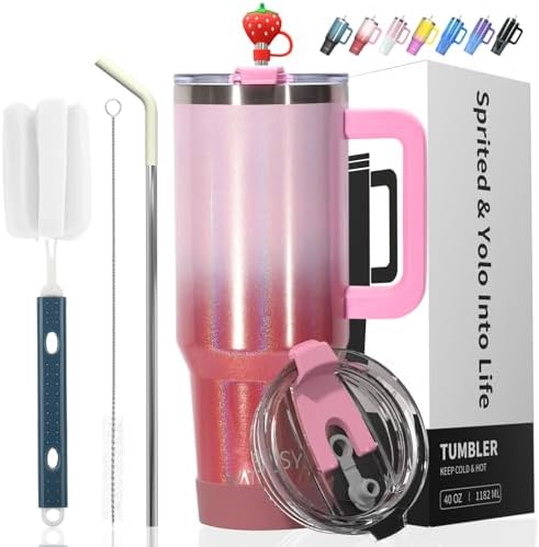 40 oz Shiny Tumbler with Handle and Straw,Stainless Steel Tumbler with