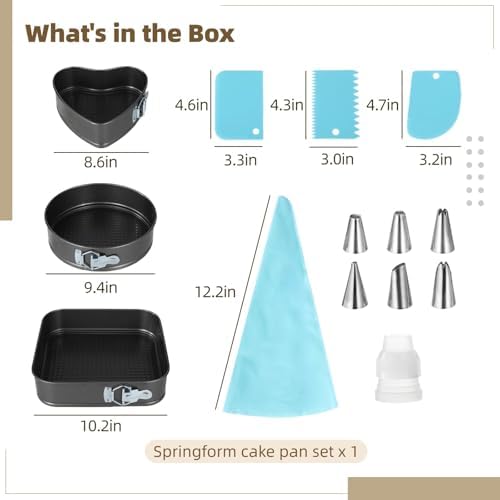 Springform Cake Pans Set, 3 PCS Heart Round Square Shape, Leakproof