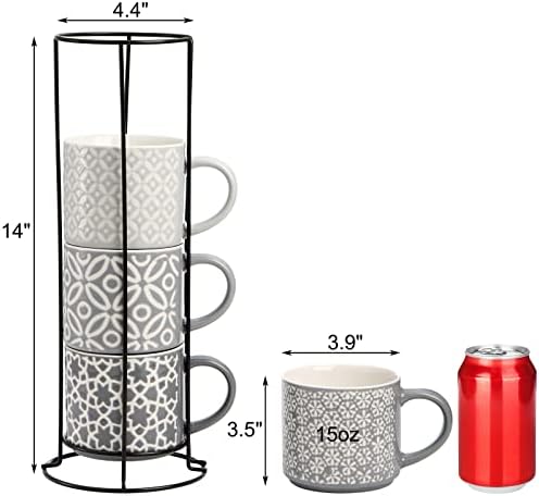 Hiceeden Set of 4 Coffee Mugs with Metal Stand, 15 oz Stackable