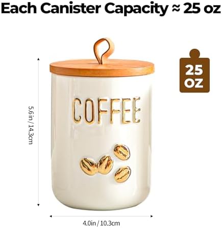 White Ceramic Canister Set for Coffee Tea Sugar, 3-Piece Food Storage