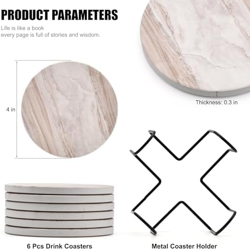 6Pcs Absorbent Coasters Set with Holder,Ceramic Drink Coaster,4 in(A8)