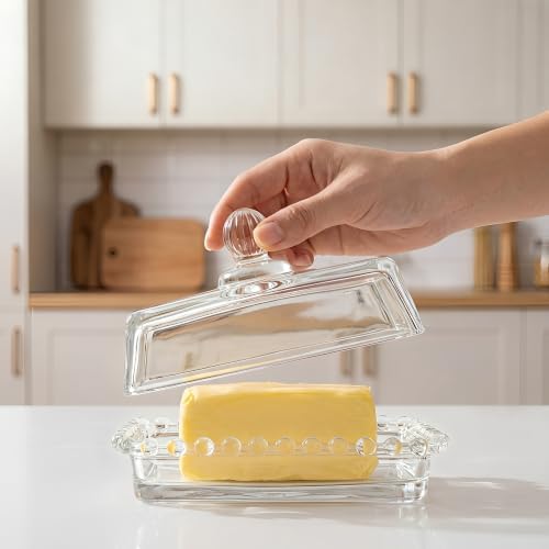 Clear Glass Butter Dish with Handled Lid, 6.5 Inch Classic Butter