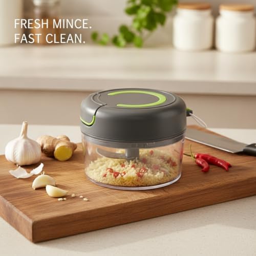 Manual Food Chopper with Pull-String Mechanism for Garlic, Ginger, and