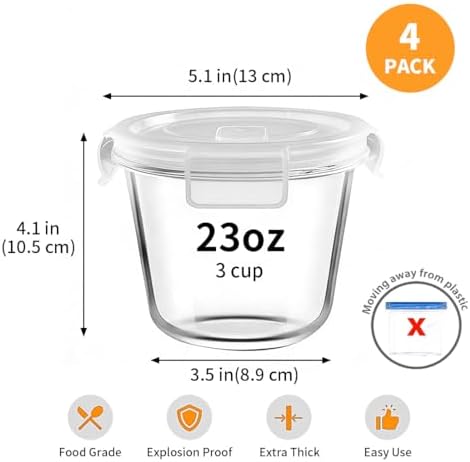H.JSS WDJS 4-Pack 23oz Glass Food Storage Containers with Airtight