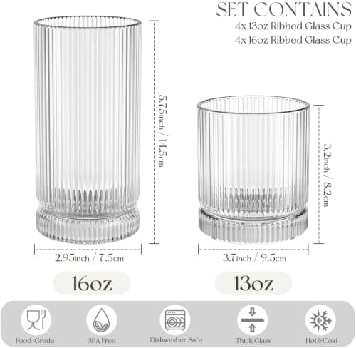 KEMORELA Ribbed Glassware Set of 8—4 Large Capacity Highball Glasses