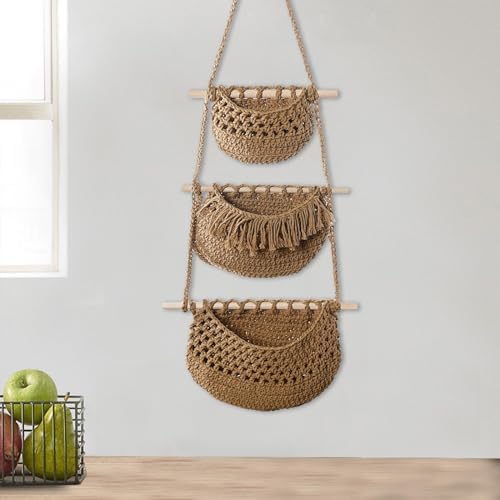 Hanging Fruit Baskets Indoor Planter Holder 3 Tiers Storage Bin Woven