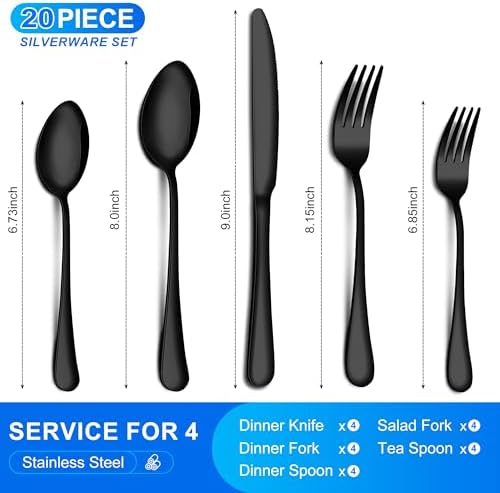 20-Piece Black Silverware Set for 4, Stainless Steel Flatware Set with
