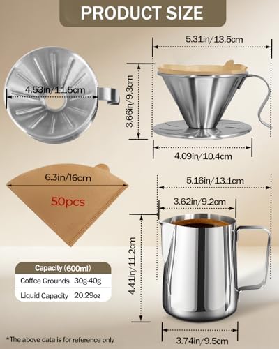 Pour Over Coffee Dripper 20.3oz (2-3 Cup)-304 Stainless Steel Reusable