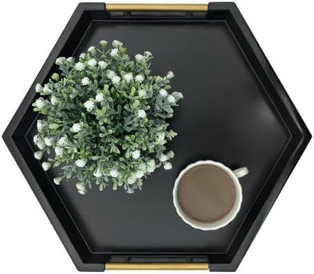 Serving Tray with Polished Metal Handles, Hexagon Coffee Table Tray