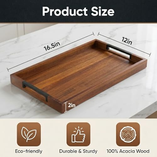 Acacia Wood Serving Tray with 2 Silicone Mats & Handles, 16.5"x12"