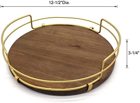 CVHOMEDECO. Decorative Tray with Golden Handle Round Wood Serving Tray