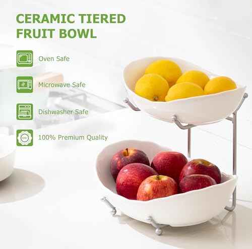 HBlife 2 Tier Fruit Bowl, Ceramic Fruit Basket for Kitchen Counter