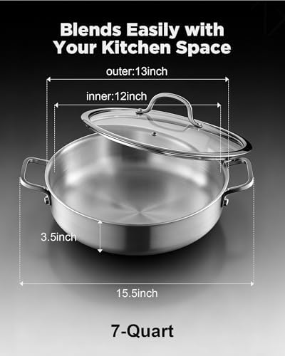 Saute Pan with Lid, 12 Inch 7QT Tri-Ply Stainless Steel Braiser Pan