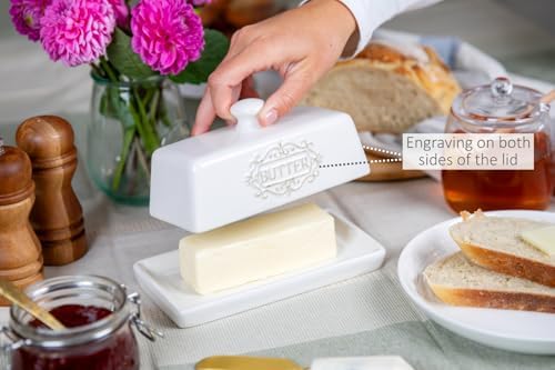 Ceramic Butter Dish with Lid, 7.7 x 4 Inch, Engraved Butter Keeper