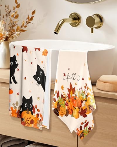 Miss Adola Fall Flour Sack Kitchen Towels Set of 2, Pumpkin Cats