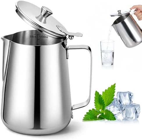 50 oz Stainless Steel Pitcher with Lid, 1.5 L Large Metal Measuring