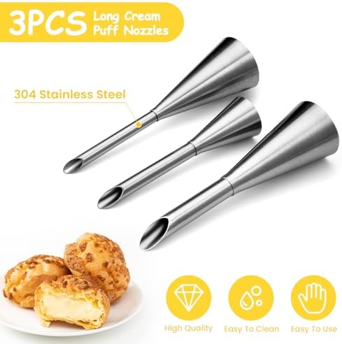 Kasmoire 3Pcs Cream Icing Piping Nozzle Tips,Stainless Steel Long Puff