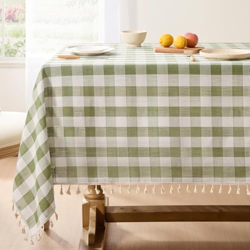 Softalker Gingham Rectangle Tablecloth with Tassel, Sage Green, 55" x