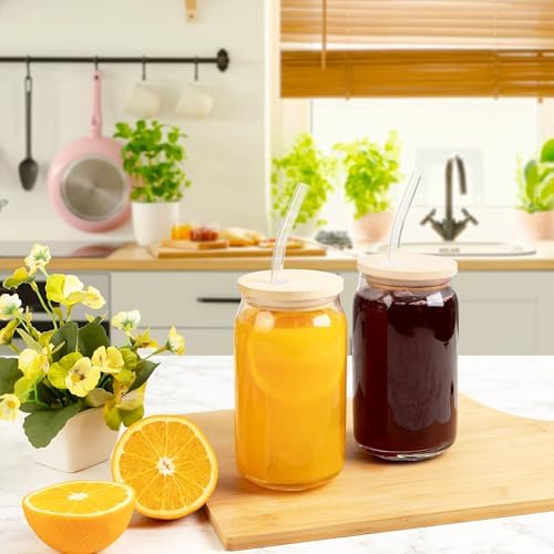 Glass Cups with Lids and Straws, 16 Oz - Set of 2 Reusable Iced Cold