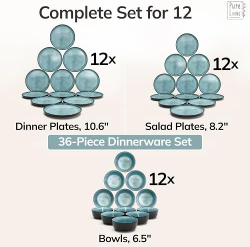 36 Piece Stoneware Dinnerware Set for 12, Handcrafted Plates and Bowls Set