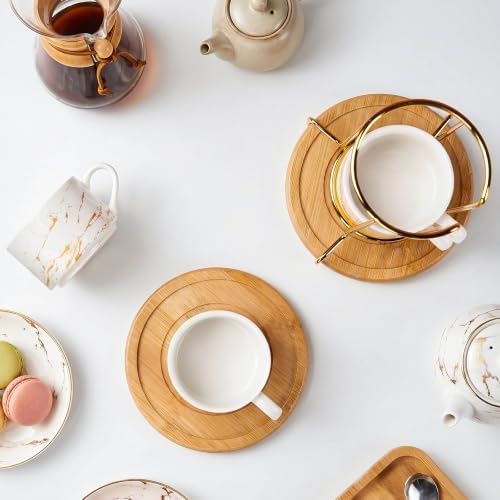 YOLIFE 3 OZ Stackable Porcelain Espresso Cups and Bamboo Saucers Set