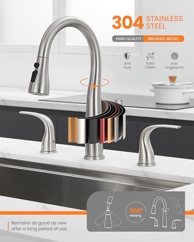 TIORIY 3 Hole Kitchen Faucet with Pull Down Sprayer