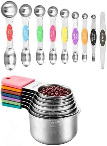 Stainless steel 304 measuring cup and spoon magnetic silicone handle, color, 15-piece set, measuring tools, 7 stainless steel measuring cups, 8 double-sided measuring spoons with scales
