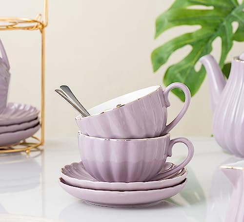 CLAY TONIC-8 OZ Porcelain Purple Coffee/Teacup and Saucer Set with